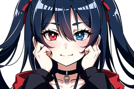 focus face, solo, 1girl, hair over face, hair covering face, dark blue hair, (heterochromia:1.25,(red:1.3)),cute face, smirk, neck, choker, collarbone, cleavage, white collar, coat collar, white coat collar 