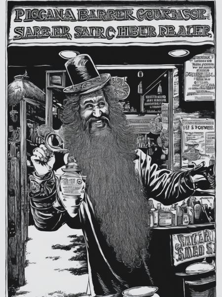 <lyco:RobertCrumb:1.0> robert crumb style. vintage style. monochromatic red colour. a man wearing a pagan mask celebrates in front of a barber shop