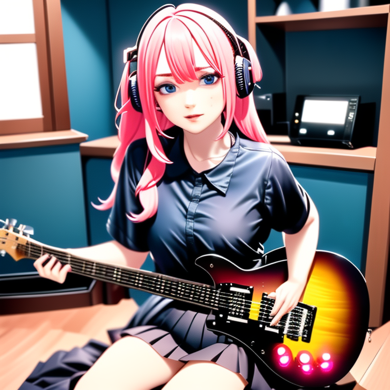 ((masterpiece,best quality))1girl, solo, black skirt, blue eyes, electric guitar, guitar, headphones, holding, holding ple...