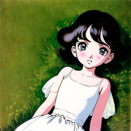 , (((masterpiece))), (((best quality))),  ((an extremely delicate and beautiful)),(upper body),(beautiful detailed eyes),  ,solo,white dress ï¼1 little girl sitting on the grassï¼,coloful,  , [[osamu]] olfn