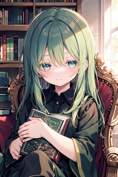 upper body, 
1girl, green hair, (colored eyelashes, green eyelashes:1.2), sleepy, faint smile, (smile:0.8), closed mouth, head down, sitting on armchair, looking at viewer, hand on own knee, book on knee, blue  eyes, 
indoor, bookshelf, 
 <lora:colored_eyelashes000:1>,  