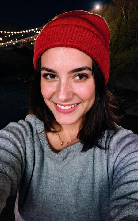 photograph, photo of beautiful woman, selfie, upper body, solo, wearing pullover, outdoors, (night), mountains, real life nature, stars, moon, (cheerful, happy), gloves, sweater, beanie, forest, rocks, river, wood, smoke, fog, clear sky, analog style, looking at viewer, skin texture, film grain, close up, ultra high res, best shadow, RAW photo, instagram LUT