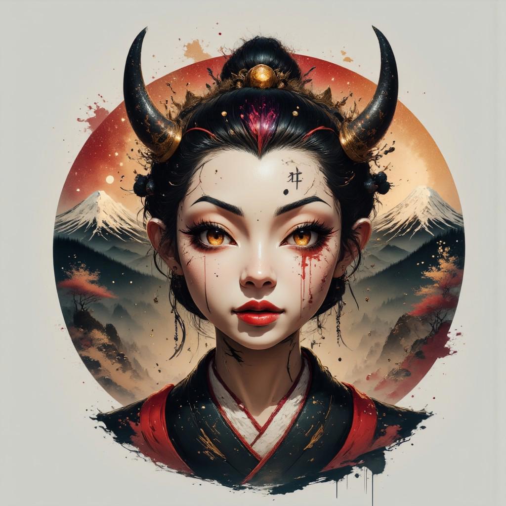 Splash Artwork portrait of a woman wearing an ancient Japanese kimono. Porcelain with bone-white base skin color. Ornate, Japanese obsidian detailing on brow, cheeks, and chin. Two curved horns on forehead, deep crimson with black tips. Background is Mount Fuji illuminated faintly by moon light. Photorealistic rendering, ultra-high detail, 8K resolution. Cinematic lighting emphasizes texture and color. aidmaMJ6.1 aidmainkstyle