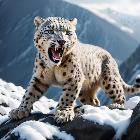 
highly detailed documentary photo of a (snow loepard):1.0 ready to attack in a snowy mountain pass,

snow leopard, open mouth, fangs, 

depth of field:1.2, blurry, blurry background,
realistic:1.1,

photorealistic,
32k, best quality, 
shadow play:1.1,
light and dark,




