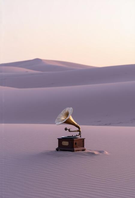 Visualize a solitary, antique gramophone, standing amidst a field of undulating sand dunes under a twilight sky. Dramatic, textured brushstrokes of deep terracotta and faded lavender capture the stark contrasts of light and shadow sculpting the landscape. The environment is a silent, desolate expanse, reflecting the echoes of forgotten melodies and the passage of time. Thin beams of amber light pierce through the swirling dust, illuminating the gramophone and casting long, distorted shadows across the sand. This surreal, atmospheric composition blends the mechanical relic with the vastness of the desert, evoking a mood of wistful melancholy and a sense of enduring memory. Sparse, negative space surrounds the gramophone, emphasizing its isolation and the boundless expanse of the arid landscape. Rendered in a minimalistic style, the scene is a silent ode to the ephemeral nature of beauty and the preservation of history â a monochromatic masterpiece capturing the essence of harmonious coexistence between fragility and resilience. Darkness serves as both muse and constraint, shaping forms with its mysterious presence while leaving space for imagination to flourish amidst the sandy void. Allow yourself to be drawn into this enigmatic world of shadows and light, guided by Fluxâs masterful brushwork. Discover the haunting beauty hidden within minimalistic lines as they create intricate stories on the blank canvas of the desert â an entrancing dance between darkness and light, between past and present, captivating all who dare to listen to its silent song.
