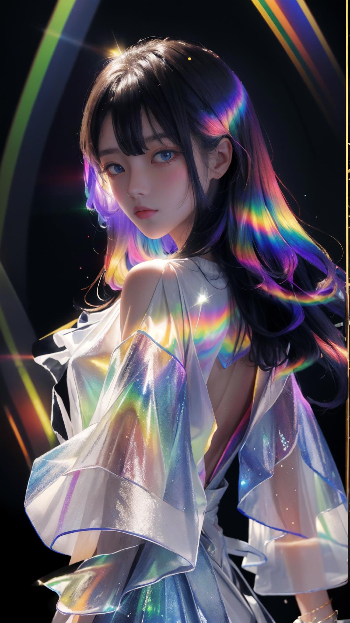 Digital art of a woman with a rainbow-colored background and blue eyes.