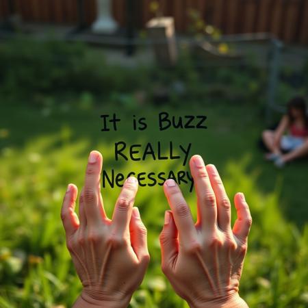 Living outdoor with hands written ‘It is Buzz Really Necessary?’, (focus on phase), it's a living thing, the outdoor have eyes and hands, use hyper realistic style, add light and shadow effects like a professional maker, make sure hands are anatomical correct.