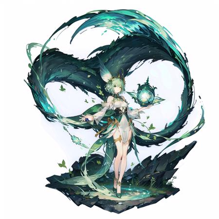 <lora:GachaSplashVFairY:0.6>,(white background:1.5), wide view, wide angle, 1girl, solo, breasts, short hair, full body, green circle, fairy, fantasy, magic, green leafs, dome, standing on surface,