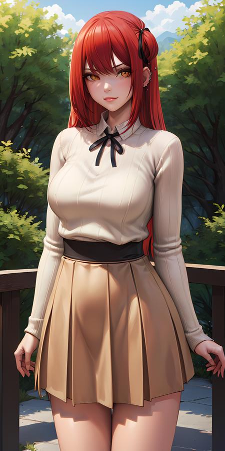 (masterpiece:1.2, best quality), (finely detailed beautiful eyes: 1.2), cowboy shot,   (extremely detailed CG unity 8k wallpaper, masterpiece, best quality, ultra-detailed, best shadow), (detailed background), (beautiful detailed face, beautiful detailed eyes),  1girl, jessicamw,orange eyes, red hair, long hair, sweater, black ribbon, ear  piercing, jewelry, hair ribbon, skirt,    High contrast, beautiful sexy woman, adult, (best illumination, an extremely delicate and beautiful),(simple backround, outdoors,front on ,( camera from the front:1.2)), looking at viewer,beautiful detailed glow,