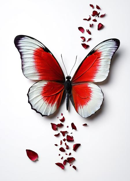 "A butterfly made entirely of deep red rose petals, gracefully soaring in mid-air against a pure white background. As the butterfly flies, individual rose petals gently fall from its wings, creating a trail of rich, velvety red petals fluttering downward. The butterfly's wings are intricately crafted with layered petals, showing lifelike movement and texture, while the scattered petals below create a sense of motion and elegance. The white background provides a clean, shadow of spider on the edge, minimalist contrast, emphasizing the vivid red of the petals and the delicate, romantic beauty of the scene." <lora:mother:0.7> <lora:ral-ertmsphr:0.6>, close-up , detailed , magnified , by Robert Mapplethorpe, Olegas Truchanas, Karl Blossfeldt, Thomas Shahan, David Liittschwager