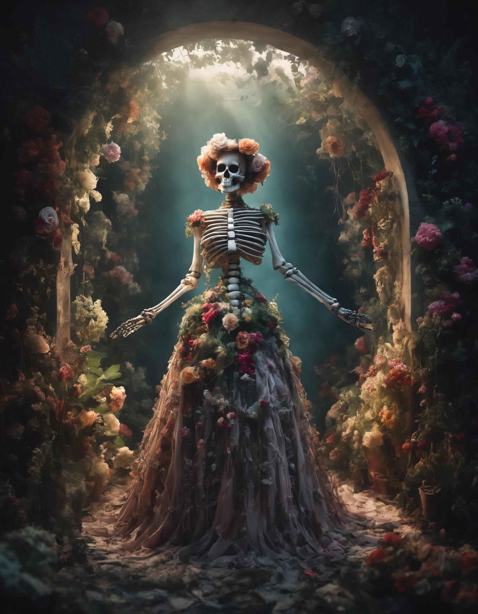 A skeleton bride in a floral dress surrounded by flowers and greenery.