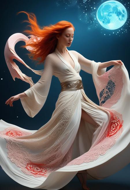 In a vibrant,futuristic world reminiscent of a high-fashion runway straight from the Star Wars universe,envision a visually stunning wallpaper that embodies a captivating fusion of sci-fi chic and traditional artistry. At the center of this composition is a mesmerizing odalisque with flowing,fiery ginger hair cascading like liquid flames,embodying an enchanting warmth beneath a smooth,intricate knitted shawl that wraps around her like a delicate embrace.,
She is posed elegantly,creating a dynamic sense of movement as if caught mid-dance,her body adorned with various motifs that play with the yin yang conceptasymbolizing harmony through contrasting elements. On one side,beautiful lotus blossoms emerge,their petals radiating soft hues of pink and white while subtly shimmering with twinkling starlight. The other half of the composition features a grand,mythical dragon creature,its scales glistening like shards of precious gemsacold blue and fiery redareflecting the shifting tones of the cold blue moon above and the intense hot red sun below.,
This captivating scene is set against a richly detailed background that features cracked paper filigree patterns,swirling in complex designs that elevate the art to new heights. Sharp edges juxtapose with smooth curves,creating a sense of broken perspective that draws the viewer deeper into this world. The atmosphere is alive with ambiguity and intrigue,where magic seems to bubble just beneath the surface.,