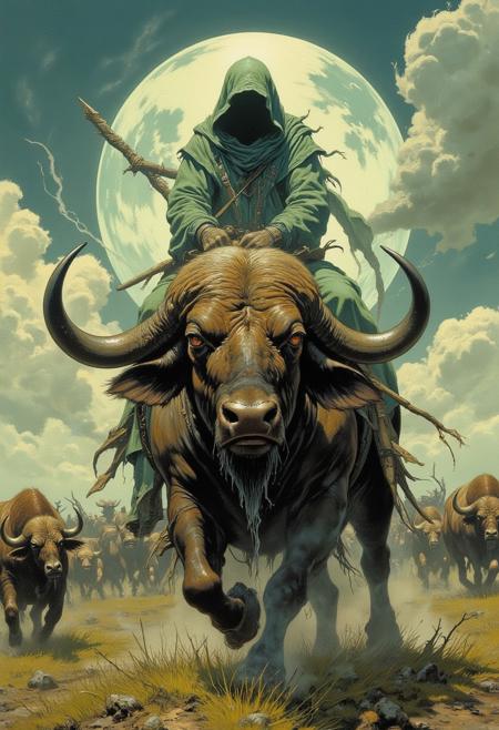 Comic book style 8k high quality digital painting , masterpiece, very detailed, ultra realistic, (best quality) very detailed epic masterpiece, sice view, a ghostly transparent specter of a Native American is riding on a big buffalo, the buffalo is very anxious, saliva on its snout, many othe buffalos running in the background stampede, dramatic sky, scary scene, action, scary, best quality, epic scene,  Dungeons and dragons atmosphere, heroic fantasy, fna_style, Comic book style