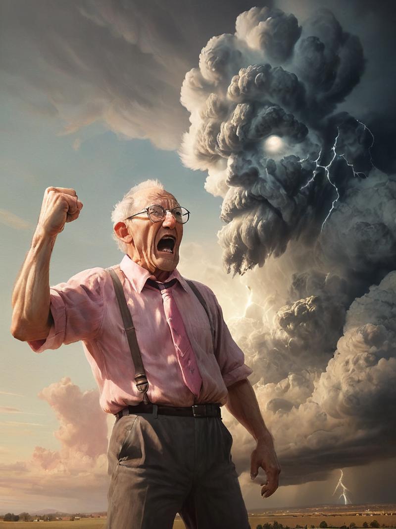 Angry Old Man with Fist in the Air as a Giant Cloud Hits Him