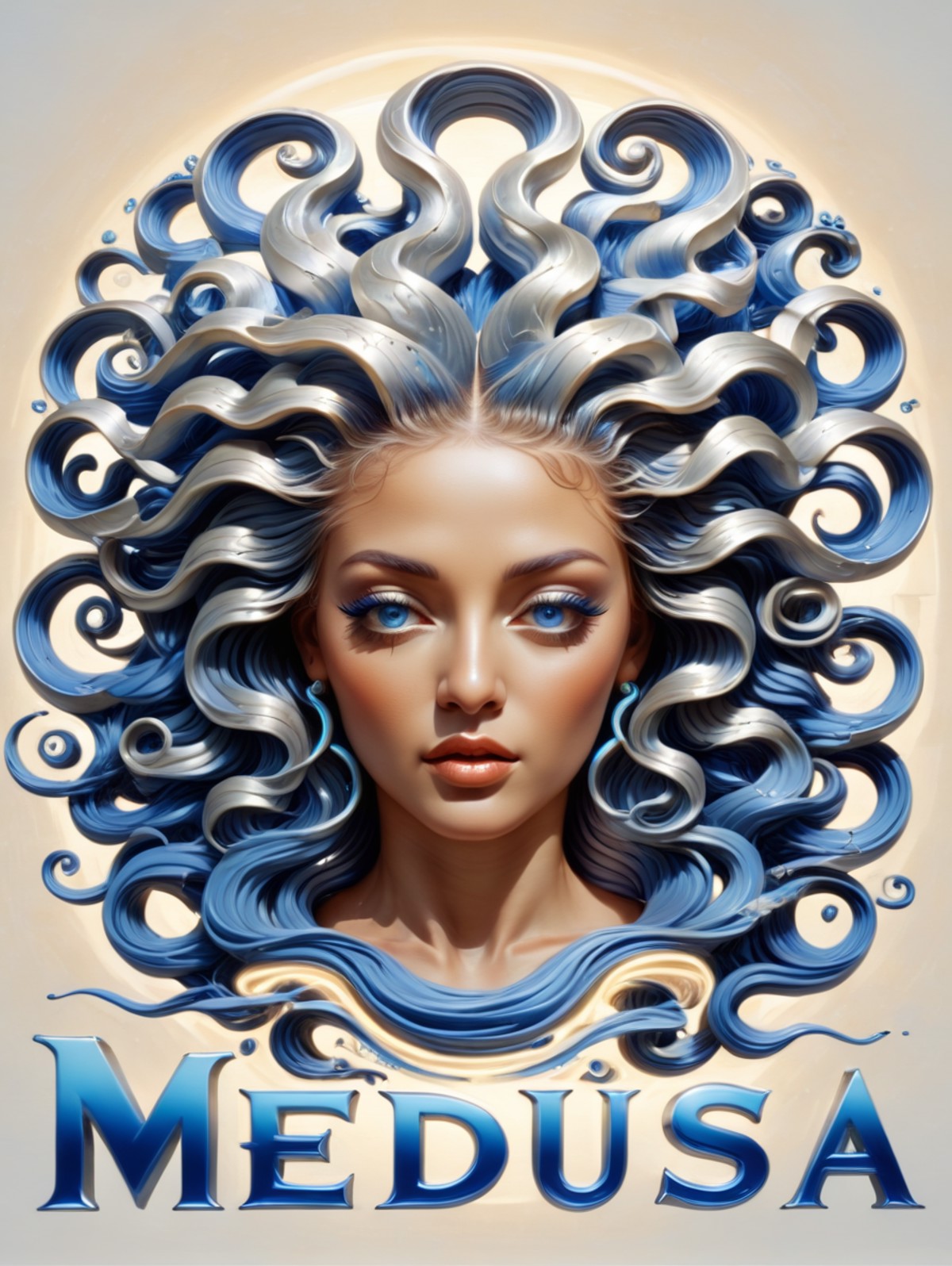 text logo of a landscape of a gorgeous Azure Blue, Silver and Cream "Medusa", at Golden hour, Neo-Expressionism, studio li...