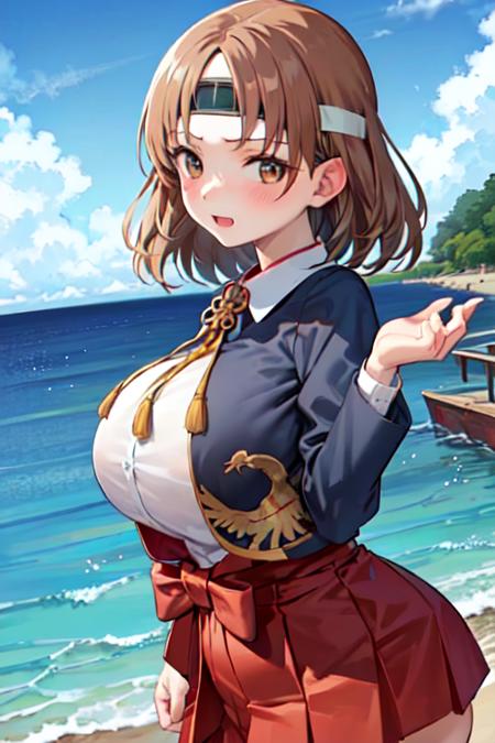 chiyodakc,   <lora:ChiyodaKCLora-07:0.9>,  1girl, solo, chiyodaKC, huge breasts, headband, grey blazer, bird pattern, white shirt, red hakama skirt, black thighhighs, ocean background, port, harbour,