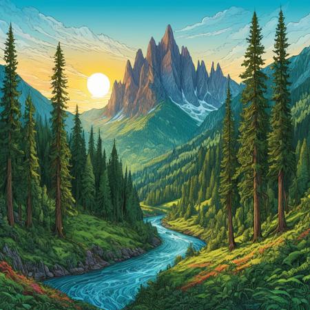 a  A magnificent cathedral of trees stands in a verdant river valley, the tall trees reaching into an azure sky. In the distance the sun rises over jagged mountain peaks. A surreal fantasy panoramic, vibrant coloured ink art, line art.