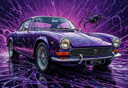 Finely detailed vector illustration, classical sports car, spider, symbiosis, ultra realistic quality, interwoven pattern, violet background, hyperdetailed, intricately detailed,  triadic colors,fantastical,intricate detail,splash screen,complementary colors, fantasy concept art, 8k resolution, masterpiece, oil painting, thick strokes, rich strokes, running drops,