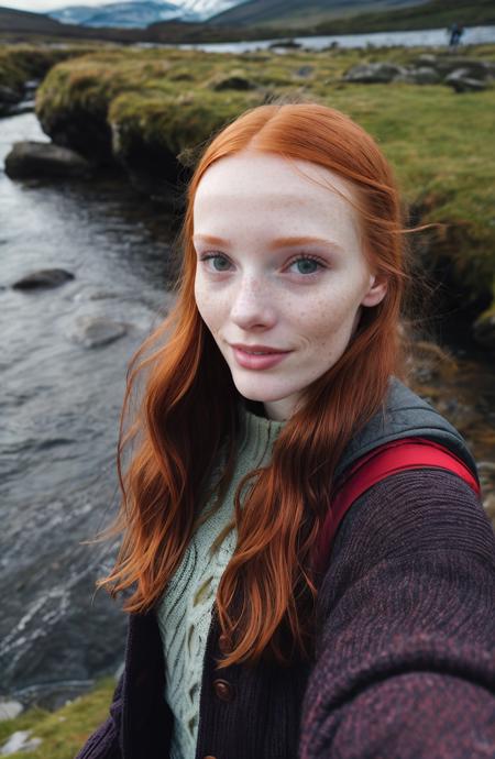 ((selfie)) photo of SiofraCipher, small smile, outdoors, mountains, wearing a backpack, hiking jacket, sweater, rocks, river, wood, Ireland, analog style (look at viewer:1.2) (skin texture), close up, cinematic light, sidelighting, Fujiflim XT3, DSLR, 50mm <lora:add_detail:0.4> <lora:LowRA:0.5>