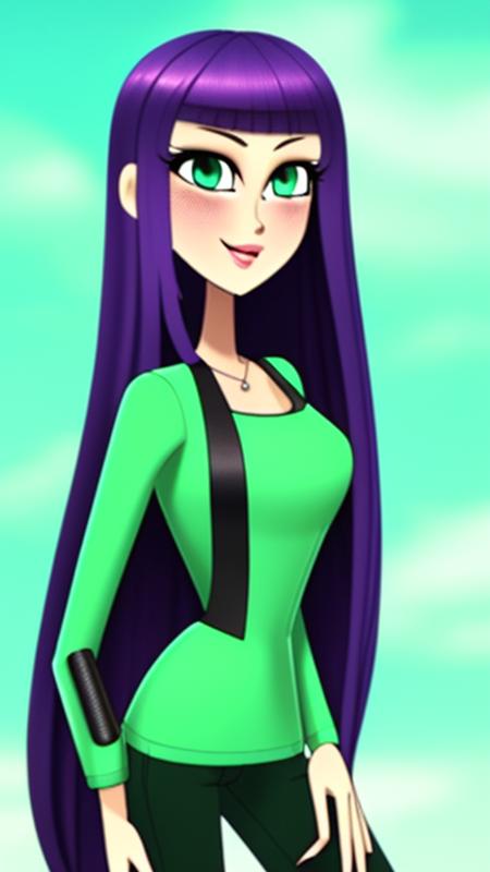 (masterpiece, best quality, high resolution:1.4), 1girl, woman, green_outfit, violet_outfit, mix-color outfit, looking at viewer, purple long hair