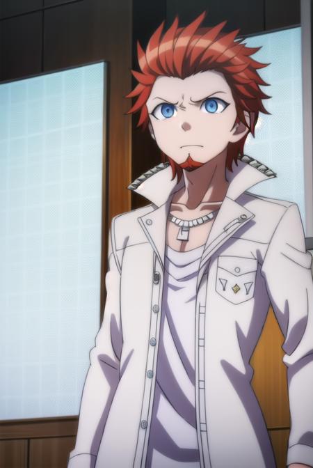 leonkuwata, <lora:leon kuwata s1-lora-nochekaiser:1>,
leon kuwata, short hair, blue eyes, male focus, red hair, facial hair, spiked hair, goatee,
BREAK shirt, jewelry, collarbone, jacket, white shirt, earrings, open clothes, necklace, open jacket, piercing, white jacket, pocket, breast pocket,
BREAK outdoors, classroom,
BREAK looking at viewer, (cowboy shot:1.5),
BREAK <lyco:GoodHands-beta2:1>, (masterpiece:1.2), best quality, high resolution, unity 8k wallpaper, (illustration:0.8), (beautiful detailed eyes:1.6), extremely detailed face, perfect lighting, extremely detailed CG, (perfect hands, perfect anatomy),