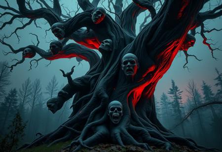 Masterpiece, best quality, highres, 8K, HDR, absurdres, dramatic lighting, twilight setting, subtle red hue, eerie atmosphere. Deep in the heart of a forsaken forest stands a monstrous tree, grotesque yet majestic, isolated by fear itself. The gnarled trunk twists skyward, bark dark as dried blood, with veins like exposed roots pulsing faintly beneath its surface. From its limbs sprout not leaves, but malformed human heads some peaceful, some in agony, others locked in silent screams as if born from the wood, not placed there. Their flesh is bark-woven, eyes half-closed or milky, mouths frozen mid-whisper. The tree breathes with eerie stillness, as if feeding on secrets. No other plant dares grow nearby; even the moss recoils. Twisted shadows stretch long across the clearing, and the encircling woods lean away as if repelled. A dim, blood-red haze creeps through the misty air, subtle but omnipresent, tinting the twilight sky behind the tree like a wound slowly opening. It's not just a tree it's the heart of silence, the reason the forest holds its breath.