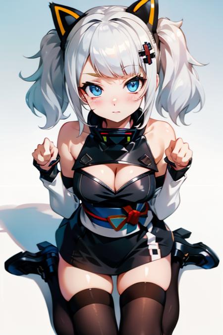 kneeling, paw pose, from above, looking up, masterpiece, best quality, kaguya luna, bare shoulders, blue eyes, black dress, cleavage, cleavage cutout, fake animal ears, hairclip, obi, sash, skindentation, silver hair, thighhighs, twintails, zettai ryouiki