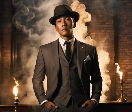 eplusn. <lora:eplusn:0.8>, Suave mobster. Dark, sharply tailored suit. Crisp white shirt. Tie that echoes power. Half-hidden face under a classic fedora hat. Piercing eyes that speak volumes. Vintage cigar in hand. Mysterious smoke. Dimly lit room reminiscent of an underground speakeasy. Rows of liquor bottles in the background. Rich wooden decor. Vintage feel. Palpable tension. Cool, unshakeable demeanor