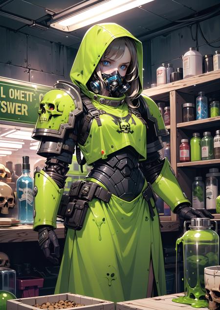 (1girl) (digital) (in detailed market stall, (power armor, armor, skull, tube, respirator, slime, canister, hood up, glowing eyes)) , best quality, <lora:boldline:0.2>  <lora:hairdetailer:0.2>  plaguemarine <lora:plaguemarine:1>