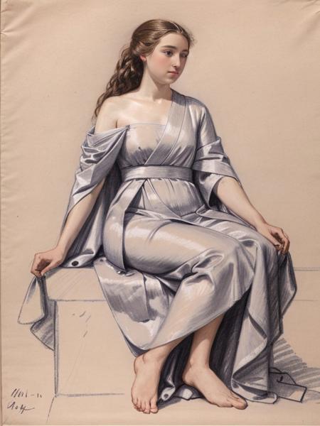 a sketch of a woman, simple background, solo, sitting, robe, drapped, cloth, full body, <lora:sketch_study_resize:1>