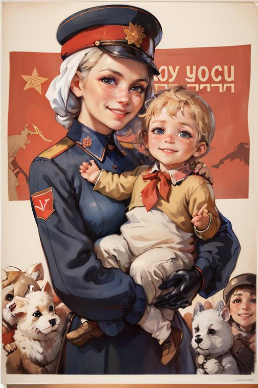 A woman holding a child and a dog, with a poster in the background.