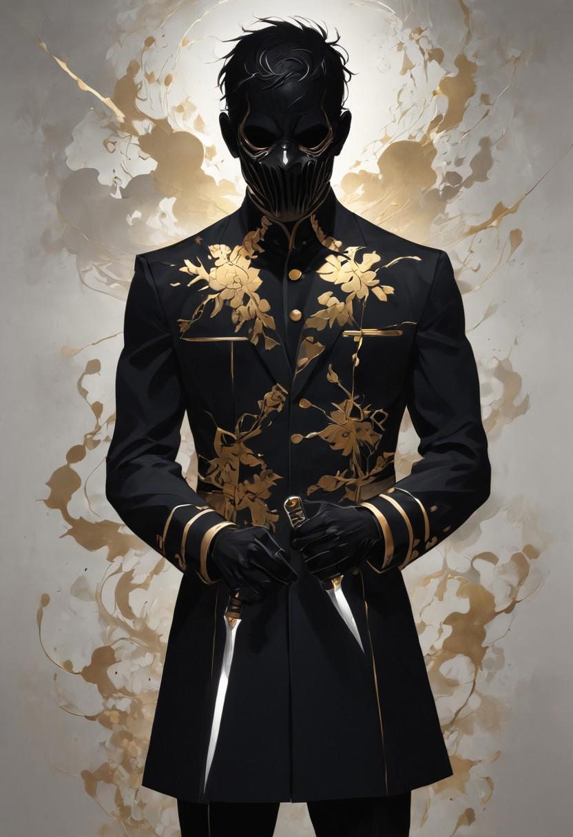 A Graphic illustration, A handsome 30-year-old man, pure black clothes, Wearing a black monster mask covering the lower half of the face, holding a delicate, short knife, Dive, battle stance, epic ink bending shot, style of Qi baishi and kazuki oekaki, Simple and clear lines, rich detail, flat illustration, vector art, plain white background, high quality, ral-chrosc-clr, silhouette_with_gold_foil, easynegative, bad_pictures