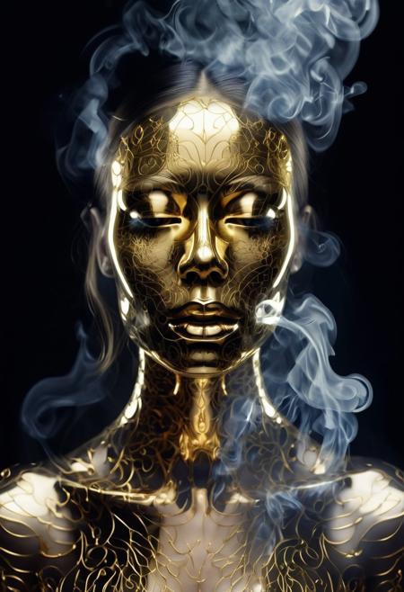 (surreal mirrored portrait:1.4), (golden face:1.6), (reflections:1.5), (smoke effect:1.2), dark background, (high fashion:1.3), (eerie atmosphere:1.3), symmetrical, glossy skin, intricate details, luminous, fantasy, ethereal, (photo-realistic:1.3), mysterious, haunting, luxurious, Surrealism, high-fashion photography, Nick Knight