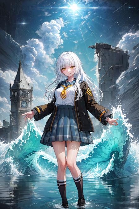 (high quality:1.3), 8K, RAW photo, ((cinematic illumination:1.3)), sharp focus, (Bokeh:1.2), (solo:1.2), full body, colour splash, 1girl, rio, white hair, long hair, blunt bangs, yellow eyes, medium breasts, school uniform, black jacket, white shirt, plaid skirt, socks, shoes, (smiling:1.3), (eyebrows furrowed:1.2), (covered in water:1.2), (crashing waves in background,) (hydrokinesis:1.4), (hands on face:1.4), water all around, water in the background, open sky, (blue moon in the background), a girl in the ocean, covered in waters that obscure her and invoking water to rain down on her enemies, the image evokes a feeling of mystery and joy, liquid clothes, <lora:LiquidClothesV1fixed:0.7>, <lora:DW-000008:0.6> <lora:Game-EternalReturn-Rio:0.8>