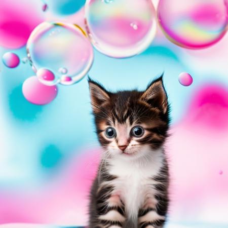RAW photo, portrait of a kitten, (bubbl3) background<lora:o1l-000040:1>