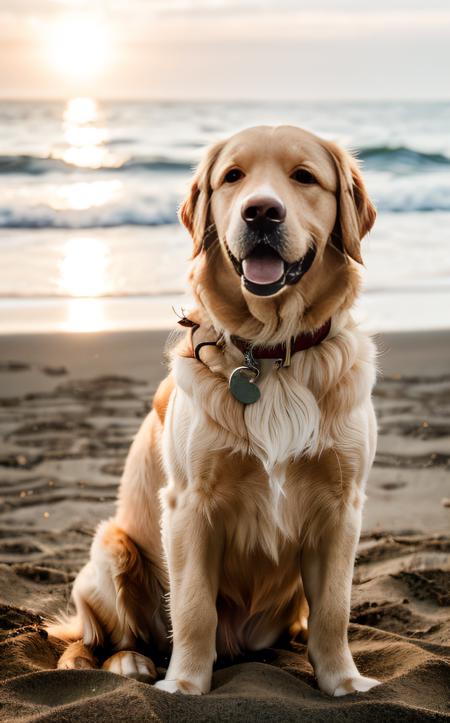 cinematic film still ((best quality)), ((masterpiece:1.2)), (detailed:1.2), Close-up of a Golden Retriever's fur, illuminated by the warm glow of sunset on a sandy beach. The dog's joyful expression and wagging tail capture the essence of a carefree moment in a serene coastal setting.
<lora:epi_noiseoffset2:1>  . shallow depth of field, vignette, highly detailed, high budget, bokeh, cinemascope, moody, epic, gorgeous, film grain, grainy