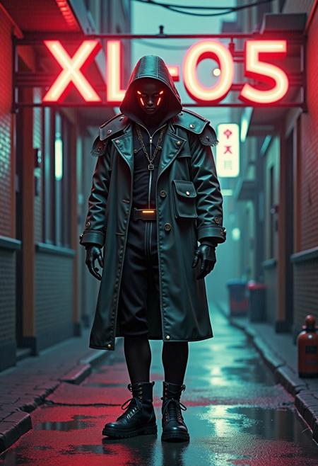 a parody Paramount Pictures vintage movie poster, title: "XL-05", A cyberpunk android in a dark alleyway, neon lights, rainy night, symmetrical, maximalist, realistic skin texture, accurate, refined, defined, highly detailed,