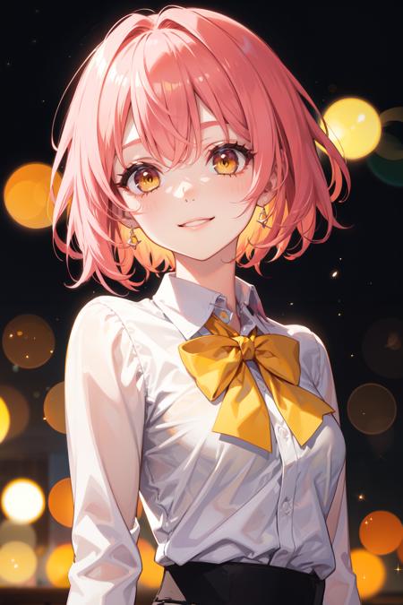 masterpiece, best quality, short hair, pink hair, close-up, yellow eyes, smile, small breasts, bowtie, white shirt, night, bokeh, outdoors,