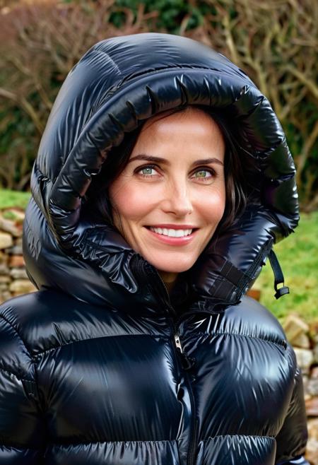 Courteney cox, smiling, indoors,daylight,shadows,(wearing an oversized overstuffed voluminous giant black shiny down jacket:1.2), downjacket, by parkasite, walking in the countryside, wet hair, wet clothes, close up, happy  
<Parkasite_XL:0.7>
