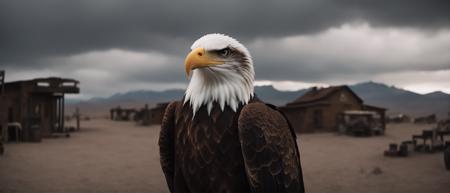 cinematic film still of a bald eagle in a desolate desert village at noon, overcast, close up, filmic, vignette, highly detailed, high budget Hollywood movie, bokeh, cinemascope, moody, epic, gorgeous, film grain, grainy