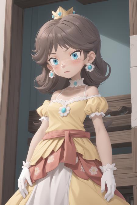 <lora:SketchyMaa:1> SketchyMaa, 1girl, solo, masterpiece; looking at viewer, blushing, embarrassed; <lora:daisy1:1> Princess Daisy, crown, blue eyes, freckles, tan skin female, white gloves, bare shoulders, detached sleeves, dress, puffy short sleeves, puffy sleeves, short sleeves, yellow dress, black belt,