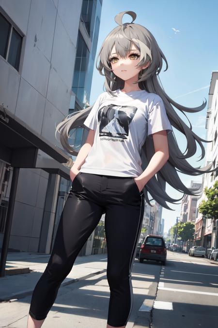 masterpiece, best quality, absurdres, perfect anatomy, 1girl, solo, SasakiRan, long hair, streaked hair, ahoge, t-shirt, knee-length pants, standing, outdoors, city, hands in pockets, tired, <lora:SasakiRan:1>