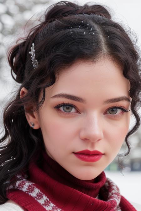 photo of a woman, bventi-1760:0.99, ((pale skin):1.1), ((beautiful black hair, hair up, hair in bun):1.1), ((turtleneck sweater, scarf):1.2), (eye contact, facing camera), ((closeup, portrait)),((outdoors, city, snow):1.2),((red lipstick, eyeliner, eye shadow, blush):1.2), ((best quality, masterpiece, extreme details, high resolution):1.2),((detailed eyes, beautiful eyes, detailed face, beautiful face):1.2)