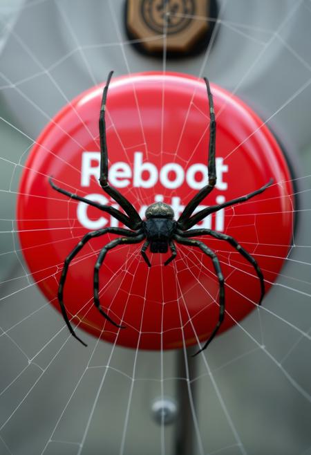 A large red button labeled "Reboot Civitai" is guarded by a menacing, aggressive spider. The spider’s web stretches out in front of the button, forming a formidable barrier. The scene is tense and dramatic, with the spider’s watchful eyes fixed on anyone who dares to approach the button.