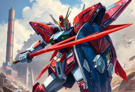 The image showcases a detailed and vibrant depiction of Alpha The Magnet Warrior Gundam, a legendary robot, in a 4K, exceptional quality, dynamic action pose. Alpha The Magnet Warrior Gundam, adorned with a red helmet, wields a red sword and blue shield, ready for battle. The background features an Ancient Gear Factory, adding to the overall epic feel. The image boasts sharp lines, brush strokes, stunning and harmonious colors, and multi-colored, contemporary aesthetics. The matte painting and impeccable composition result in a captivating and well-timed moment, emphasizing the beauty of this detailed illustration, trending on ArtstationHQ. The image is rendered in Redshift and Unreal Engine 4K, 8K.