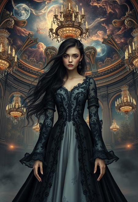 Cosmic Baroque Court ,  floating nebula-like patterns, constellations woven into silk garments, glowing crystalline chandeliers, ethereal celestial ballroom, starry Rococo ceiling frescoes, gothic fantasy, dark romanticism, muted colors, ethereal beauty, melancholic atmosphere, detailed costumes, expressive eyes, flowing hair, Victorian-inspired elements, misty backgrounds, mystical forests, somber elegance, haunting emotions, intricate lace, poetic sadness