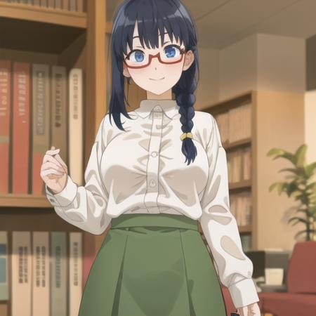 (masterpiece, best quality:1.2),illustration,8k,hd,1girl,solo,long_hair,cowboy shot,breasts,bangs,smile,blue_eyes,skirt,shirt,hair_ornament,long_sleeves,blue_hair,white_shirt,braid,glasses,blunt_bangs,dress_shirt,single_braid,green_skirt,semi-rimless_eyewear,red-framed_eyewear,under-rim_eyewear,<lora:Sanami Murakami-V1:0.6>,