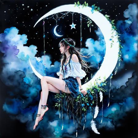 score_9,score_8_up,score_7_up,score_6_up,score_5_up,score_4_up, ink painting, acrylic,, crescent moon dreamcatcher, a beautiful woman sitting in it, night, stars above, clouds below, watercolour-ink painting centered, key visual, intricate, highly detailed, dark studio, rim lighting, two tone lighting, dimly lit, low key breathtaking beauty, precise lineart, vibrant, comprehensive cinematic, Carne Griffiths, Conrad Roset, sfw:1.3, <lora:add-detail-xl:1>,  <lora:xl_more_art-full_v1:0.5>