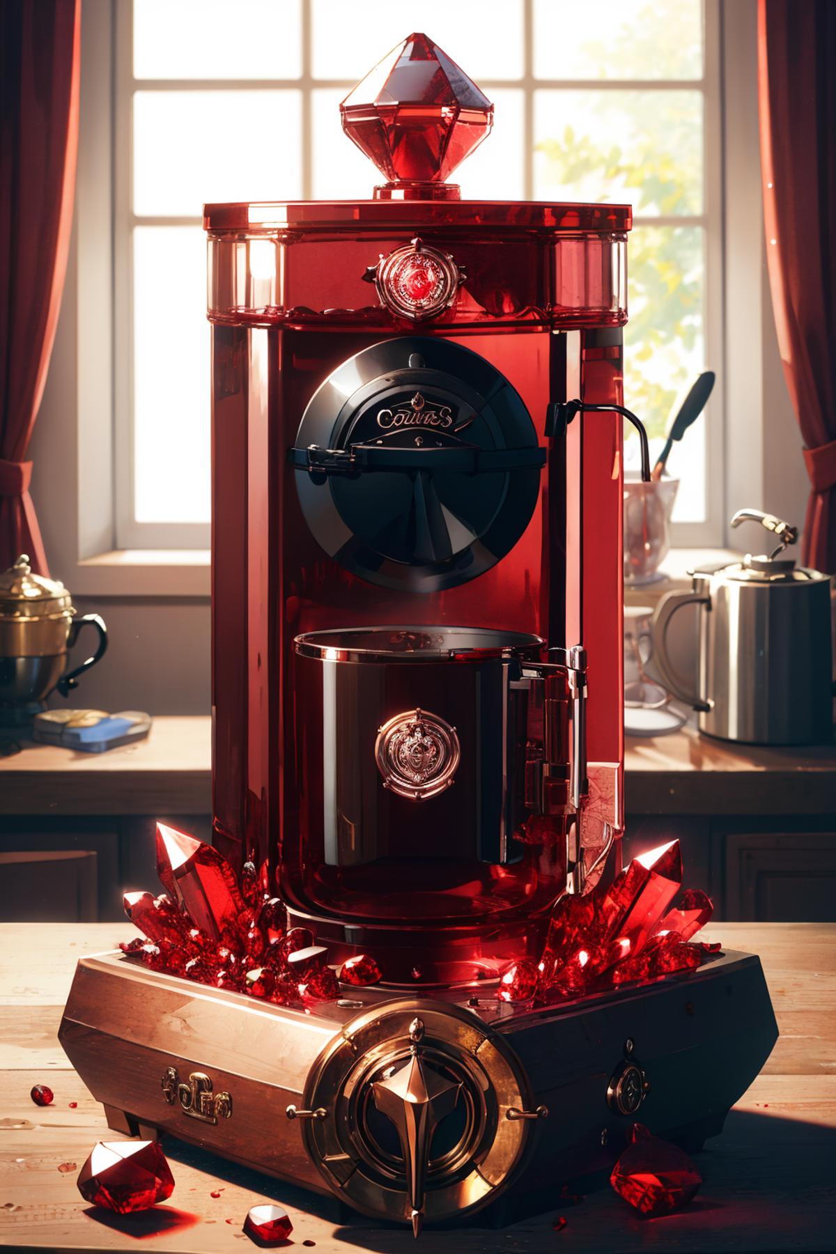 A red Caffitaly coffee machine with a red tray of crystals in front of it.
