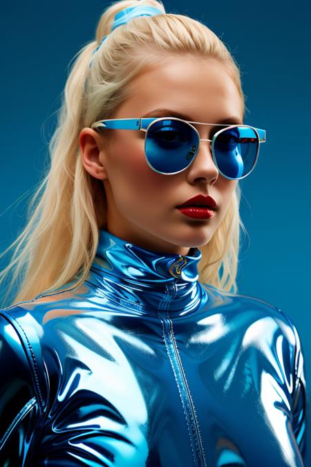 blue-glasses,1 white girl,solo,close-up,red lips,facing aside,simple background,blue background,blonde hair,blue latexsuit,blue theme,makeup,<lora:CSG:0.6>,
masterpiece,best quality,Ultra HD,high quality,HDR,UHD,8K,